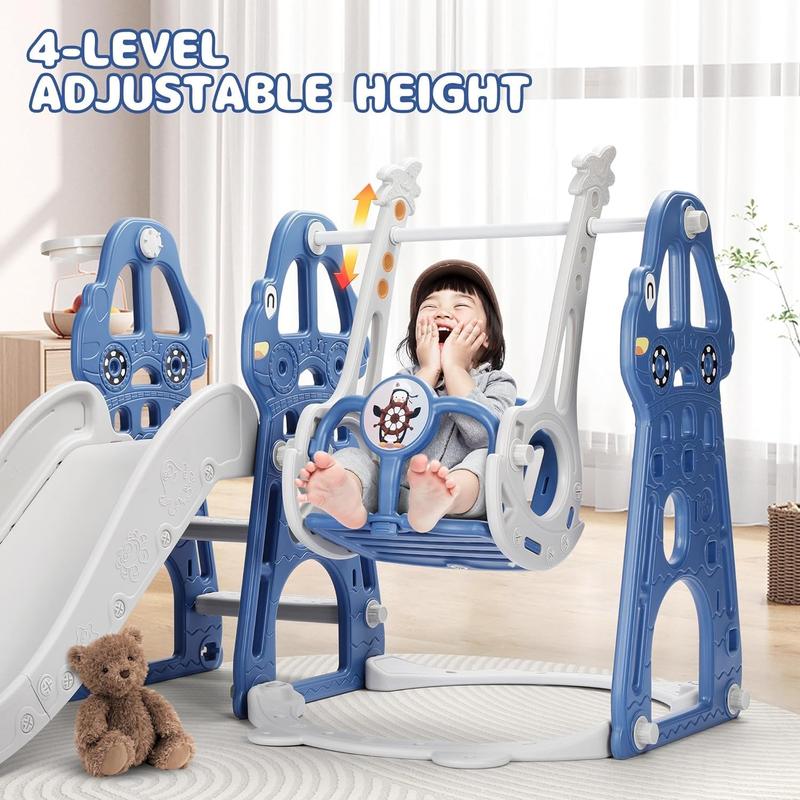 Rengue 4 in 1 Toddler Swing and Slide Set for Age 1-6 Indoor Playground for Children Baby Swing Set with Slide, Climber, Basketball Hoop and Long Slide for Boys and Girls Blue Toddler Indoor