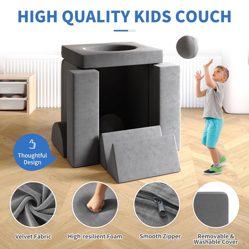 Kids Couch, 12PCS Fold Out Toddler Couch with 2 Balls and Tunnel, Modular Kids Couch for Playroom, Kids Play Couch for Kickball Game, Pitching Game, Over 30 Creative Gameplay Couch for Kids