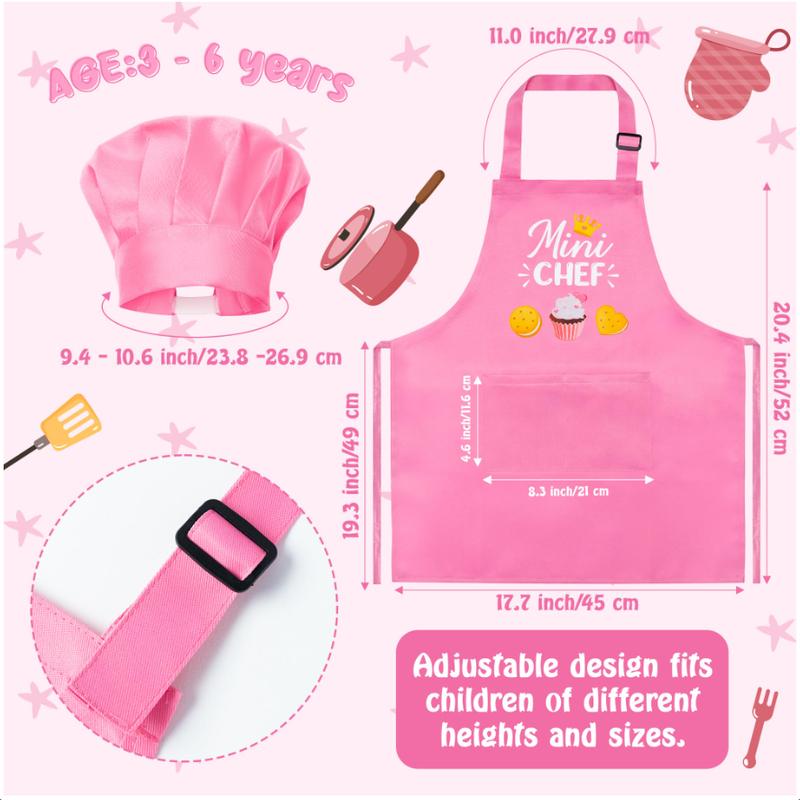 Kid Apron and Chef Hat Set 2Pcs Adjustable Children Light Pink Kitchen Apron, Dress up Role Play Chef Toy Cooking Baking Painting and Training Kits Kid Funny Cooking Birthday Gift for Kids