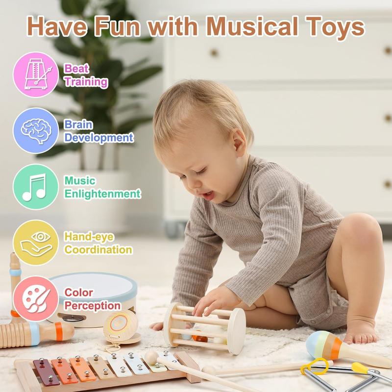 Toddler Musical Instruments, Musical Toys for Toddlers 3+, Montessori Wooden Percussion Set, Kids Musical Instruments, Orff Instruments with Xylophone Tambourine Maracas for Kids Musical Learning Toys