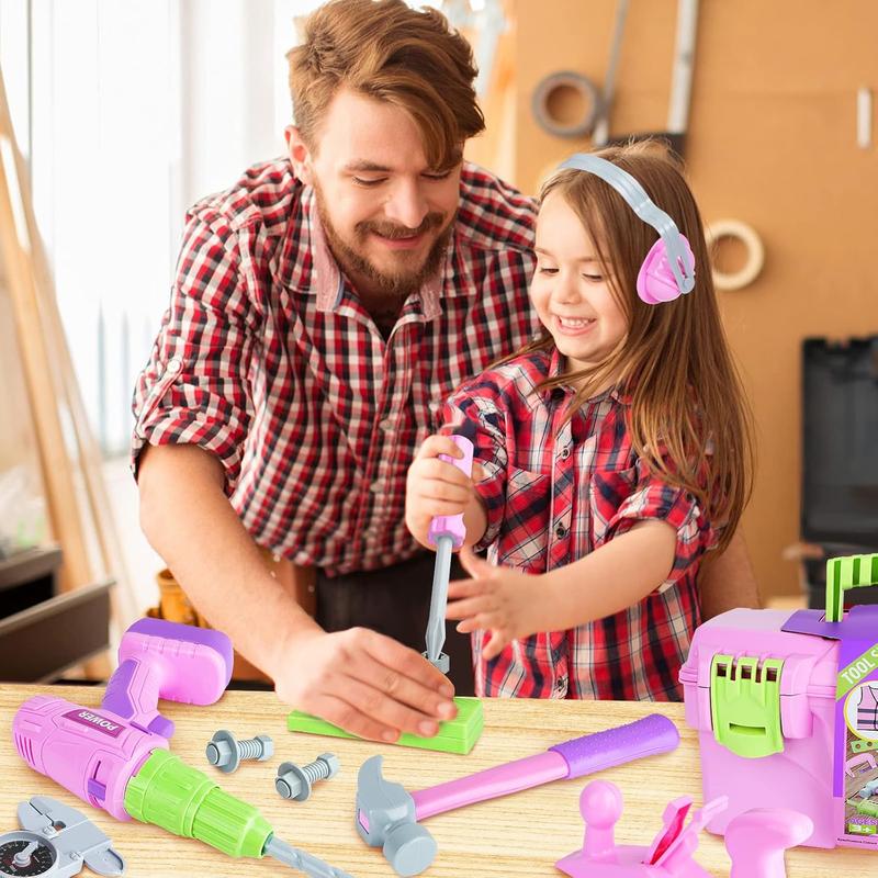 Kids Tool Set with Electric Toy Drill & Pink Tool Box – Power Construction Pretend Play Kit for Girls & Boys Ages 3+