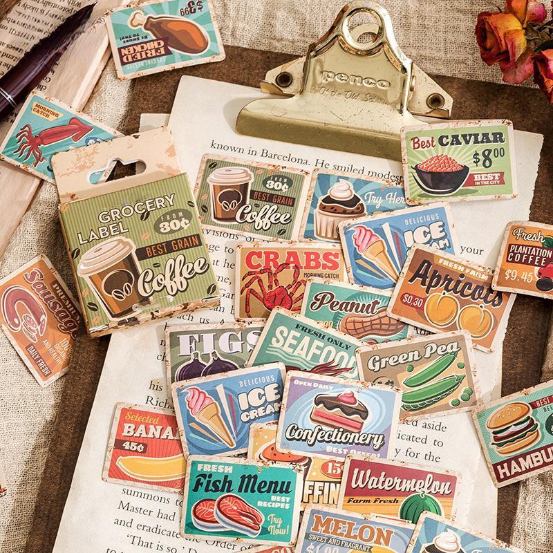 Vintage Food Pattern Sticker, 45pcs box Retro Department Store Label Series Daily Food Handmade Decoration Material Paste, DIY Decorative Sticker