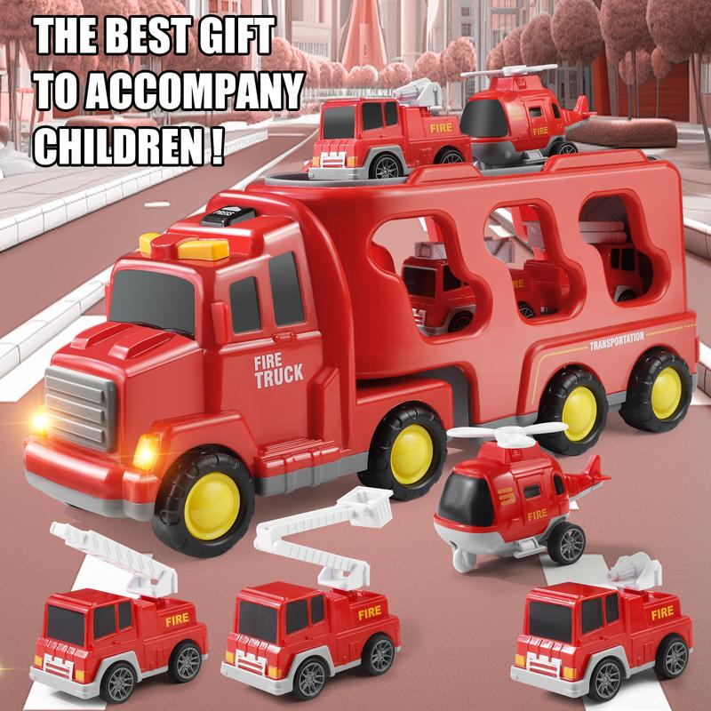 5-in-1 Container Truck Toy with Four Mini Cars – Realistic Details, High-Quality Design, Includes Emergency Vehicles, Sports Cars, Off-Road Trucks, and Race Cars