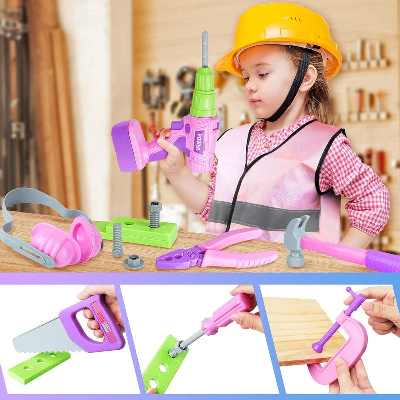 Kids Tool Set with Electric Toy Drill & Pink Tool Box – Power Construction Pretend Play Kit for Girls & Boys Ages 3+