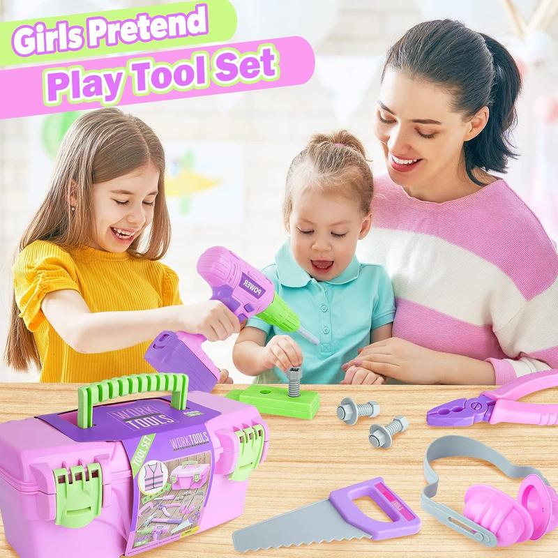 Kids Tool Set with Electric Toy Drill & Pink Tool Box – Power Construction Pretend Play Kit for Girls & Boys Ages 3+