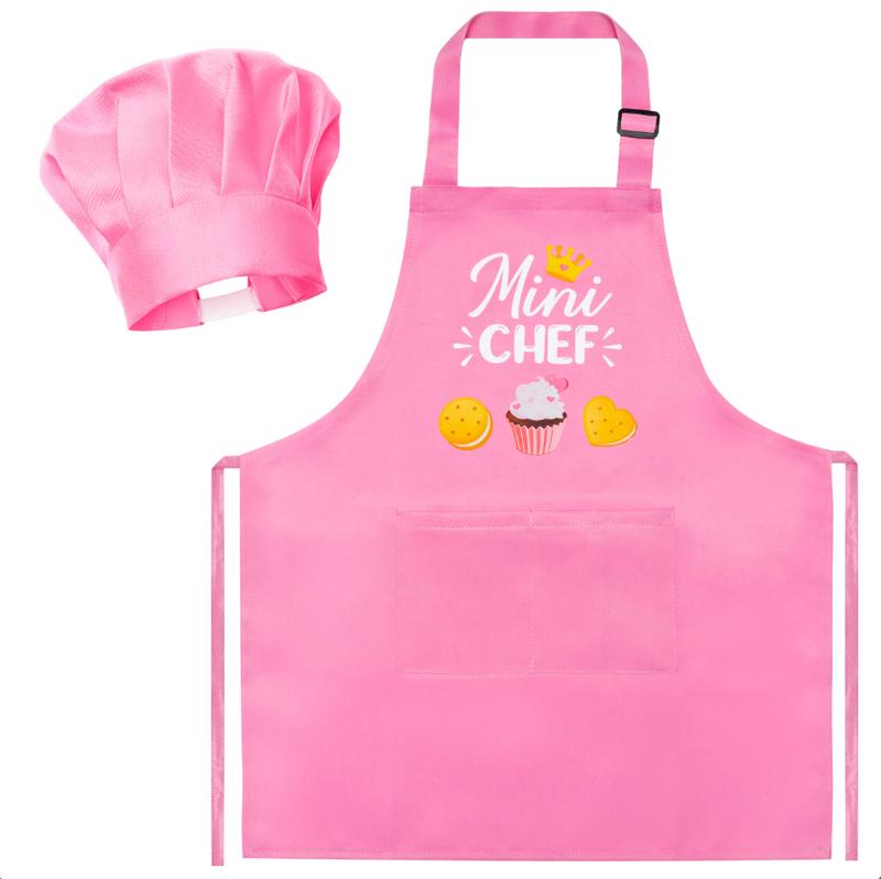 Kid Apron and Chef Hat Set 2Pcs Adjustable Children Light Pink Kitchen Apron, Dress up Role Play Chef Toy Cooking Baking Painting and Training Kits Kid Funny Cooking Birthday Gift for Kids