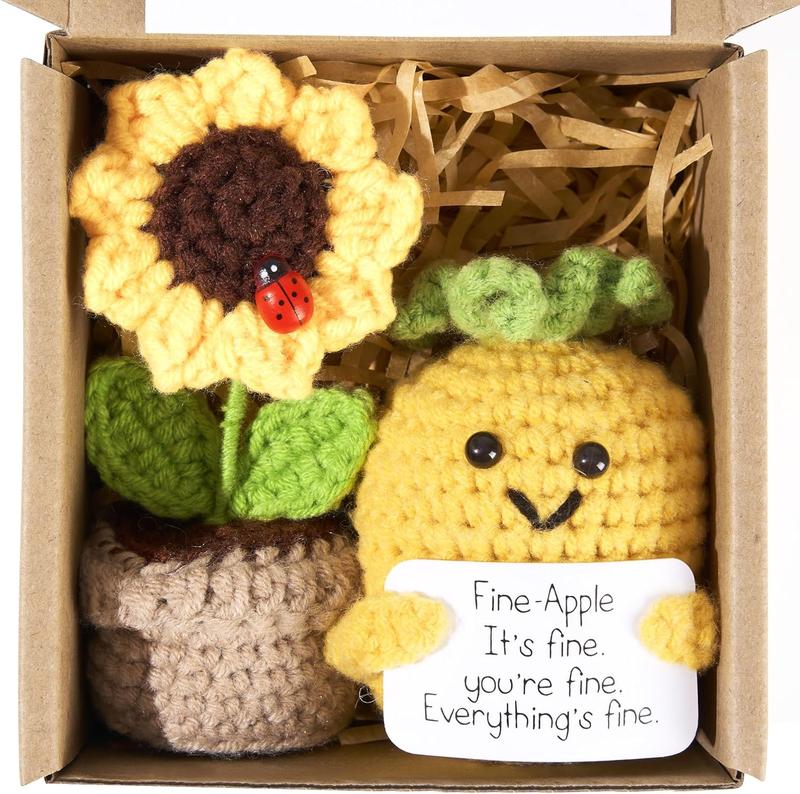 Positive Mini Potato Funny Gifts, 2 count Emotional Support Sunflower Pot Desk Decoration Crochet Birthday Gifts for Women Mom  Friend (Sunflower & Pineapple-Yellow)