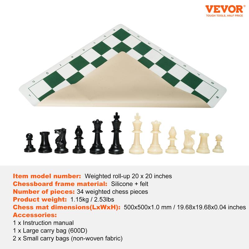 VEVOR Tournament Chess Set, 20 Inch Roll-Up Beginner Chess Board, Foldable Silicone Chess Game with Plastic Weighted Chess Pieces & Storage Bag, Portable Travel Chess Board Gift for Family