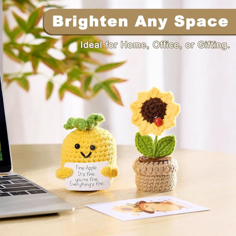 Positive Mini Potato Funny Gifts, 2 count Emotional Support Sunflower Pot Desk Decoration Crochet Birthday Gifts for Women Mom  Friend (Sunflower & Pineapple-Yellow)