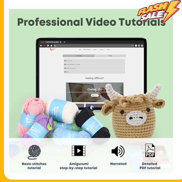 Crochet Kit for Beginners: Highland Cow Crochet Kit, Learn to Crochet, Include Easy Knitting Soft Yarn, Step-by-Step Video Tutorial, Hook, Holiday Birthday Gift for Adults and Kids(30%+ Yarn)