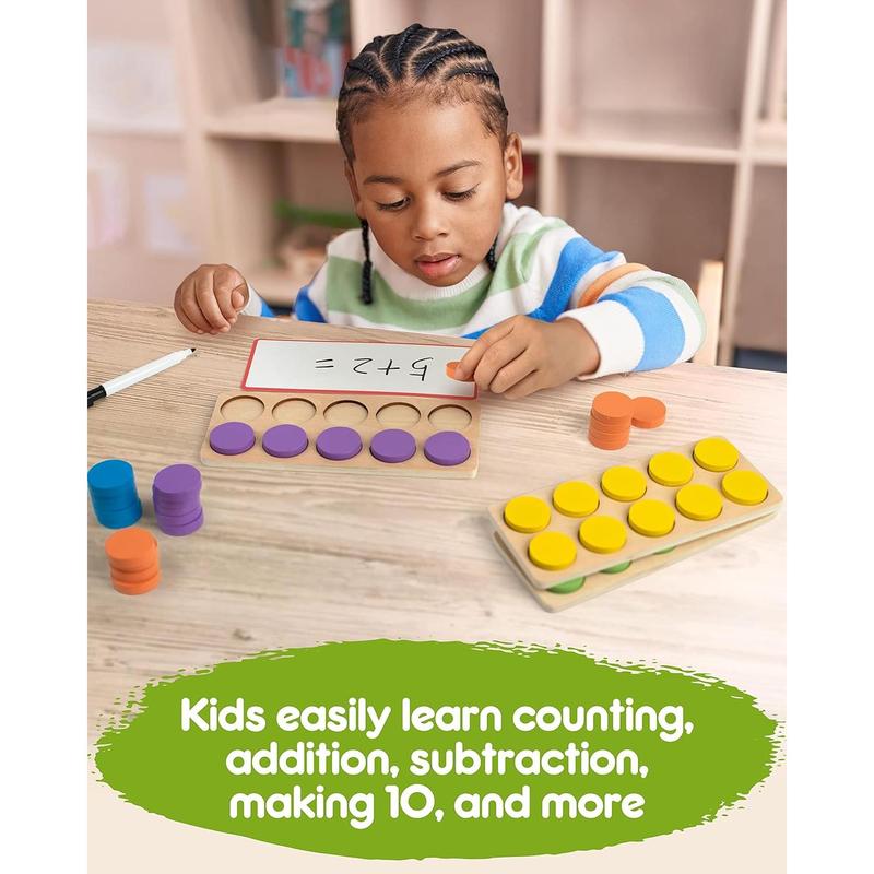 SYNARRY Wooden Ten-Frame Set Math Manipulatives for Kindergarten Elementary 1st 2nd Grade Homeschooling, Addition and Subtraction Montessori Math Games for Chirldren, Counters Toys for Kids Ages 4-8