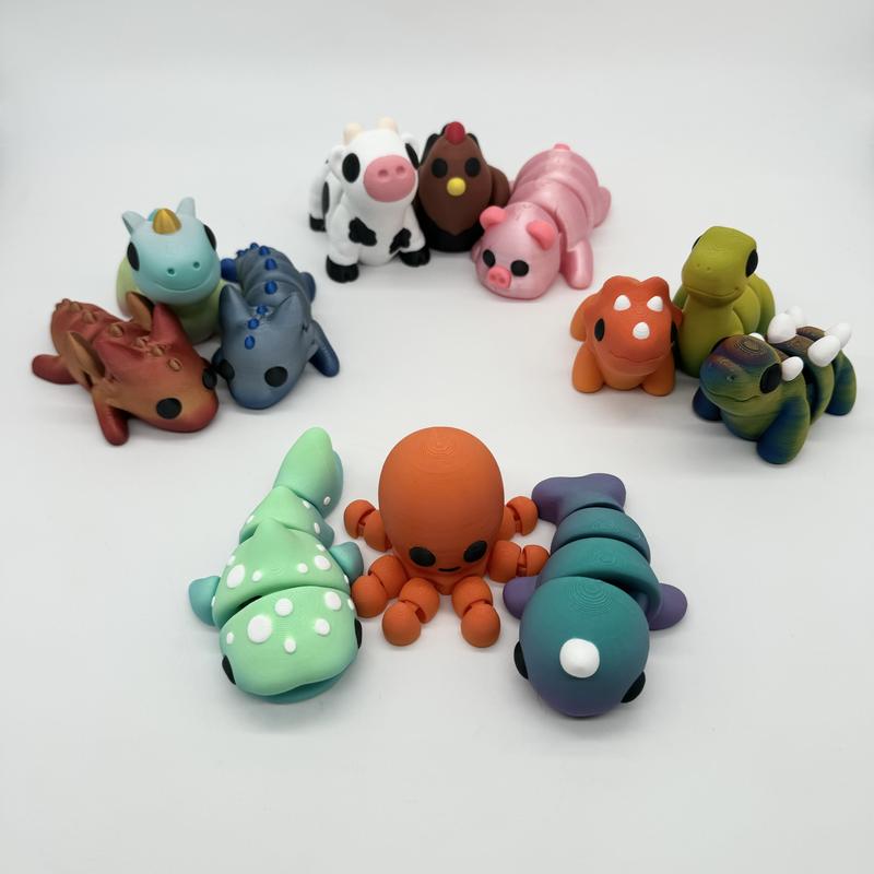 Fun Size Friends - Handheld Articulating Animal 3 Packs - 3D Printed Sensory Fidgets - Sea Life, Mythical, Farm, Dinosaurs