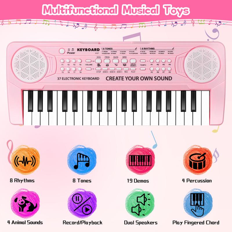 37 Key Pink Piano for Kids Music Toys for 3+ Year Old Girls Upgrade Keyboard Piano for Beginners Kids Toy Piano with Microphone Toys for 3 4 5 6 7 8 Year Old Girls Boys Gifts Age 3-8