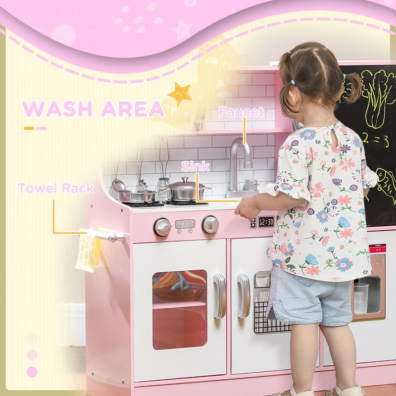 Qaba Kids Play Kitchen Set Pretend Wooden Cooking Toy Set with Drinking Fountain, Microwave, Fridge and Accessories for Age 3 Years