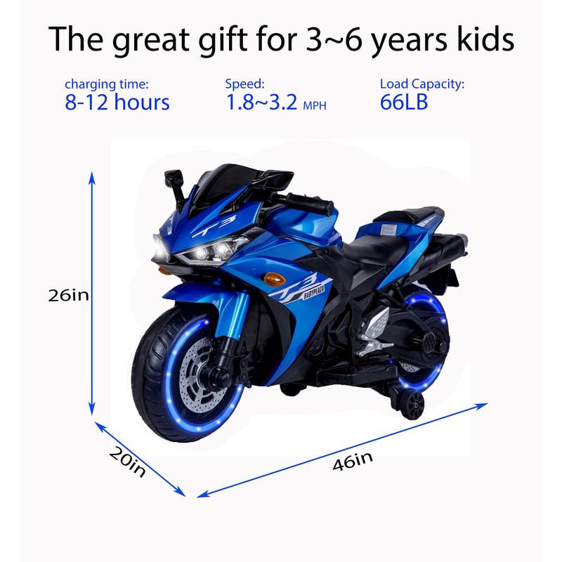 kids motorcycle, 12V motorcycle for kids 3 4 5 6 years Boys Girls  12v7ah kids motorcycle ride on toy with Training  Wheels manual throttle  drive by hand  Lightting  wheels