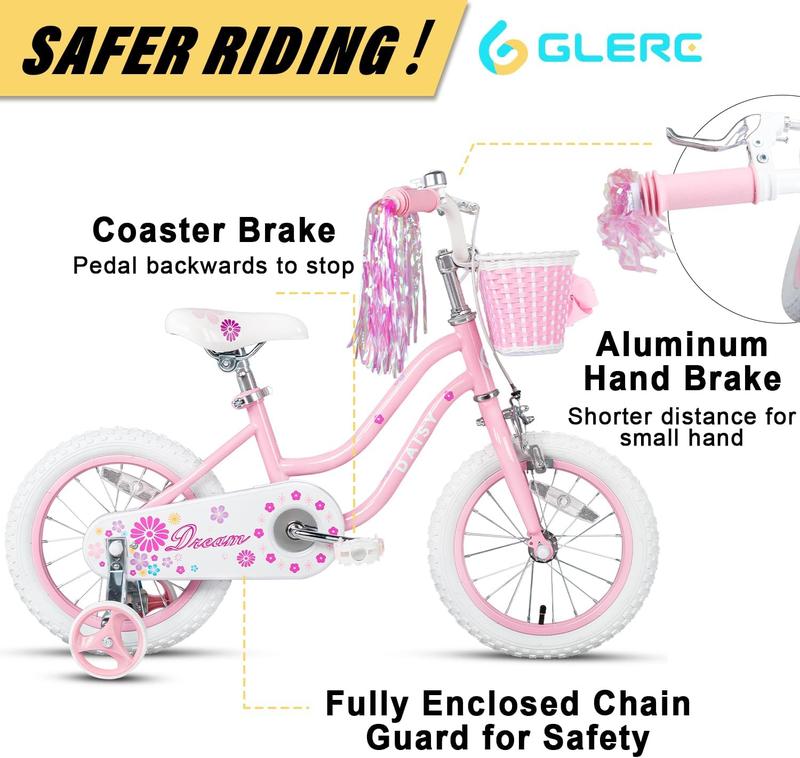 Glerc Daisy 12 14 16 Inch Girl Princess Style Bike for 3-7 Years Old with Training Wheels & Basket & Streamers, Multiple Colors