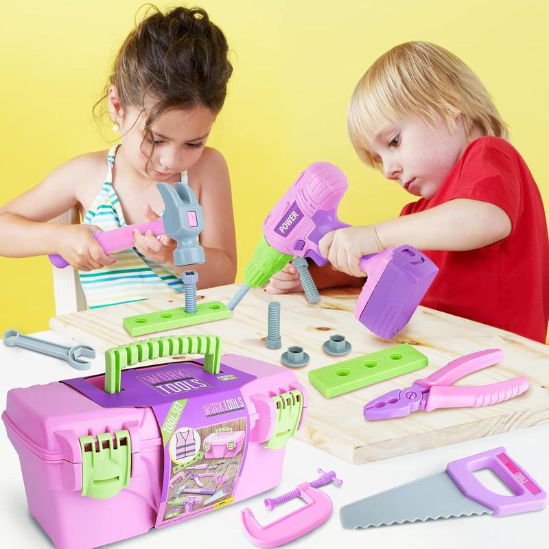 Kids Tool Set with Electric Toy Drill & Pink Tool Box – Power Construction Pretend Play Kit for Girls & Boys Ages 3+