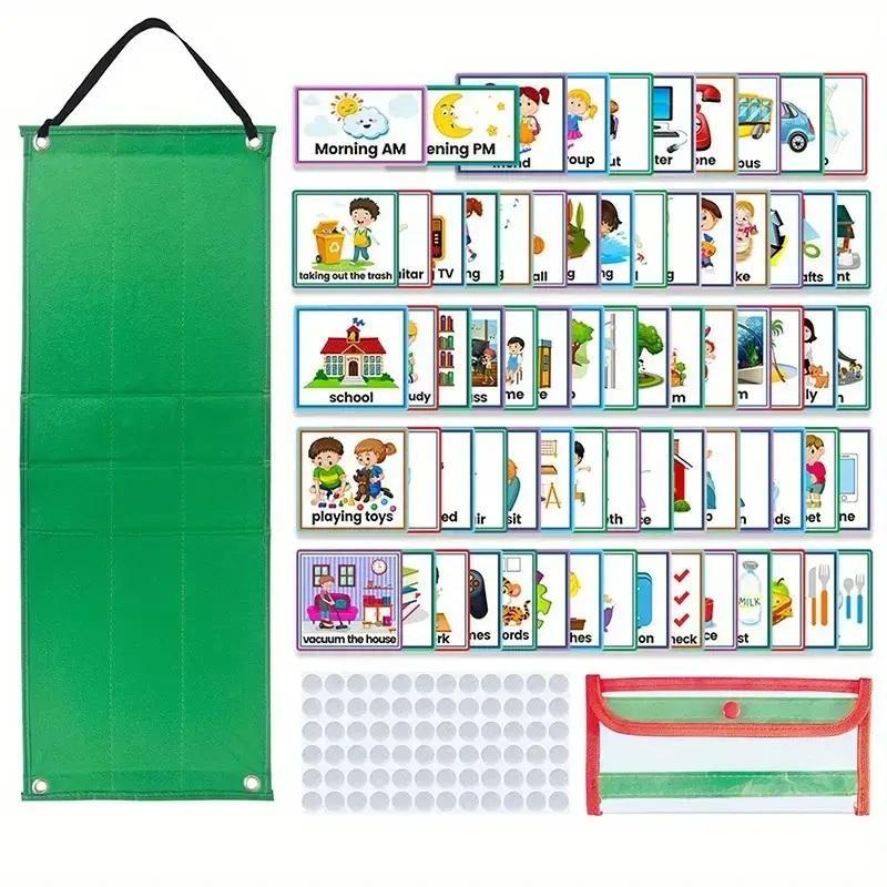 Visual Schedule Calendar with 70pcs Cards & Storage Bag & Clear Stickers, 1 Set DIY Early Education Learning Supplies for Toddlers, Educational Toys for Boys & Girls [Package List as Picture Shown]