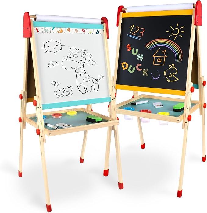 aiwo Art Easel for Kids Ages 3-12, Wooden Magnetic Chalkboard &Whiteboard,Height Adjustable Toddler Painting Easel, Gift and Art Supplies for Toddlers