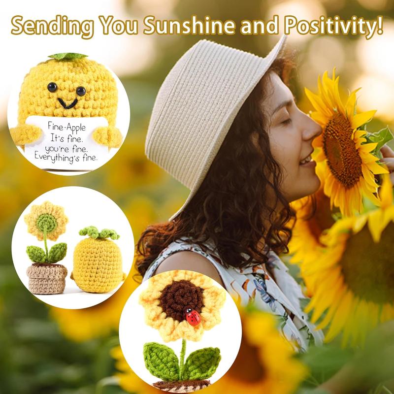 Positive Mini Potato Funny Gifts, 2 count Emotional Support Sunflower Pot Desk Decoration Crochet Birthday Gifts for Women Mom  Friend (Sunflower & Pineapple-Yellow)