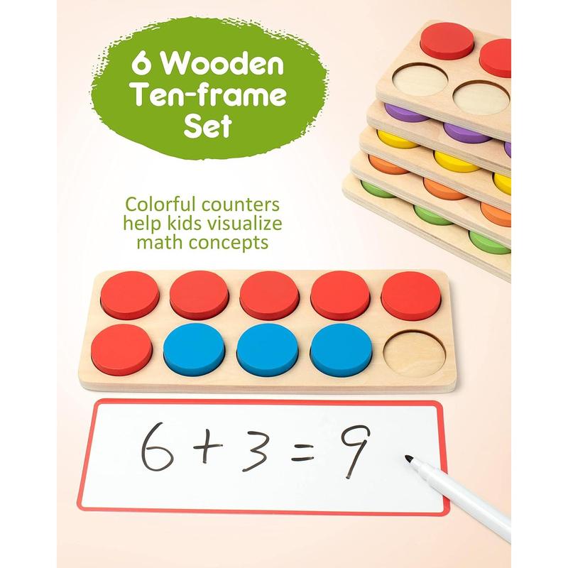 SYNARRY Wooden Ten-Frame Set Math Manipulatives for Kindergarten Elementary 1st 2nd Grade Homeschooling, Addition and Subtraction Montessori Math Games for Chirldren, Counters Toys for Kids Ages 4-8