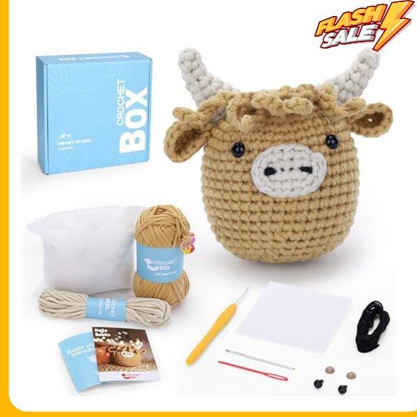 Crochet Kit for Beginners: Highland Cow Crochet Kit, Learn to Crochet, Include Easy Knitting Soft Yarn, Step-by-Step Video Tutorial, Hook, Holiday Birthday Gift for Adults and Kids(30%+ Yarn)