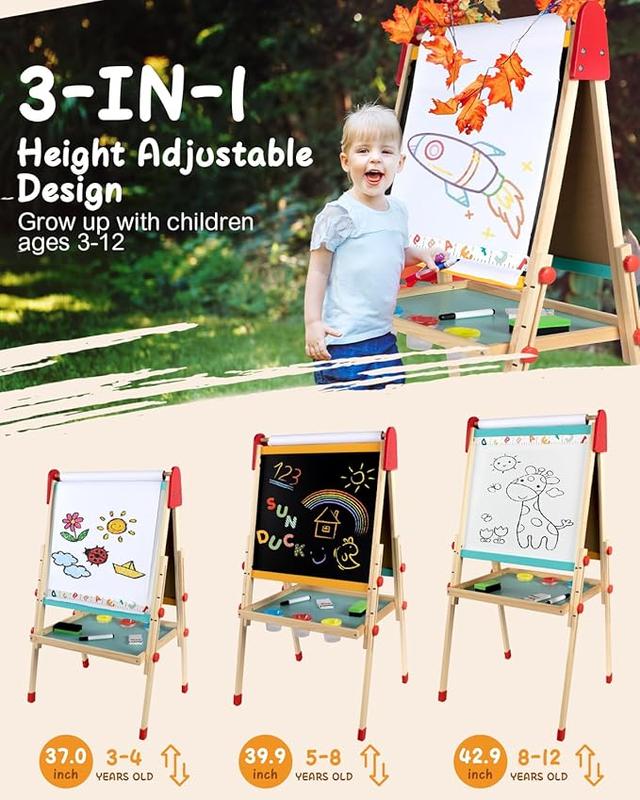 aiwo Art Easel for Kids Ages 3-12, Wooden Magnetic Chalkboard &Whiteboard,Height Adjustable Toddler Painting Easel, Gift and Art Supplies for Toddlers