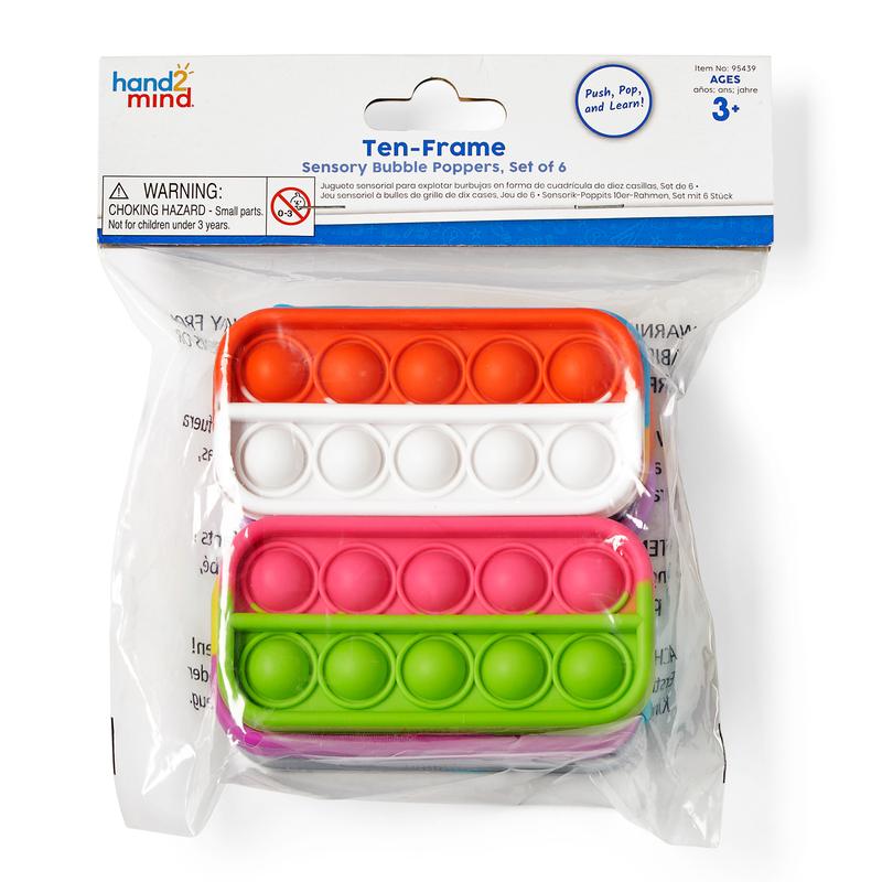 hand2mind Ten Frame Sensory Bubble Poppers, Ten Frame for Math, Push Pop Fidget Toy, Fine Motor Skills Toys, Pop for Counting, Focus Tools for Kids, Quiet Fidgets for Classroom (Set of 6)