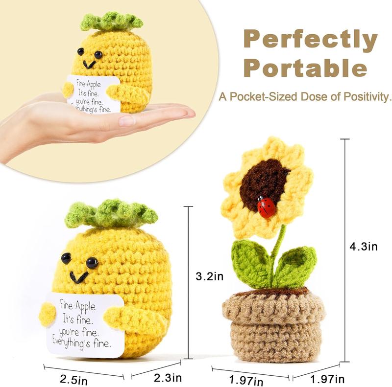 Positive Mini Potato Funny Gifts, 2 count Emotional Support Sunflower Pot Desk Decoration Crochet Birthday Gifts for Women Mom  Friend (Sunflower & Pineapple-Yellow)