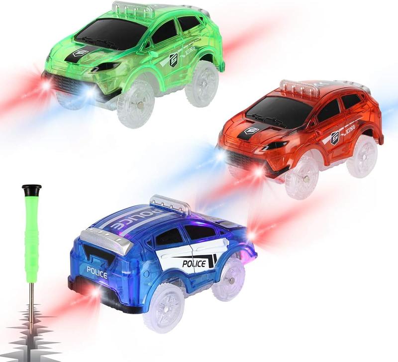 Tracks Cars Only Replacement, Flex Track Race Cars for Magic Tracks Glow in the Dark, LED Lights Up Battery Operated Snap N Glow Trax Cars Accessories, Compatible with Most Car Tracks for Kids (3pack