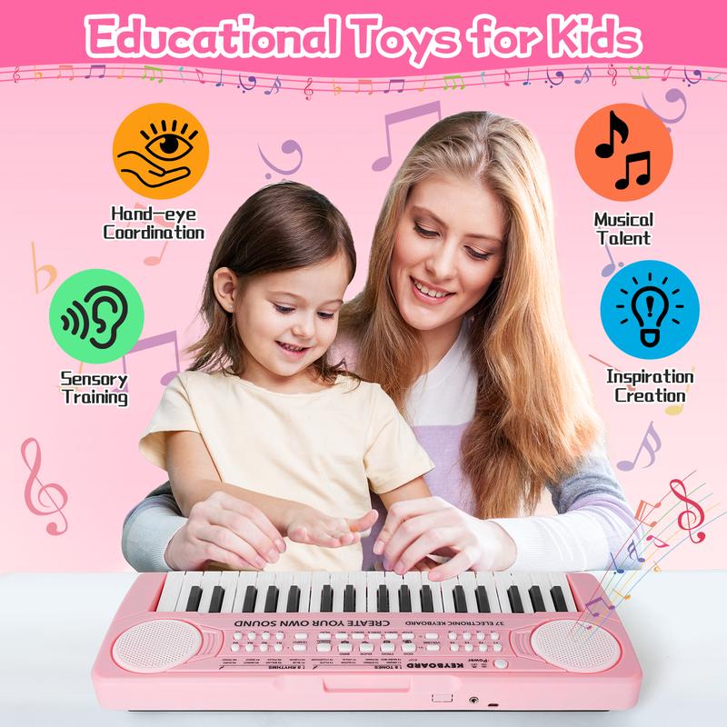 37 Key Pink Piano for Kids Music Toys for 3+ Year Old Girls Upgrade Keyboard Piano for Beginners Kids Toy Piano with Microphone Toys for 3 4 5 6 7 8 Year Old Girls Boys Gifts Age 3-8