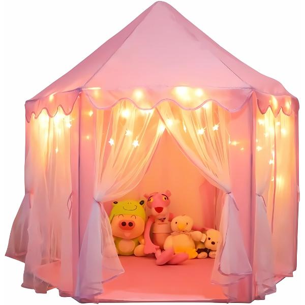 LED Star Lights Princess Castle Playhouse Tent for Girls - Indoor & Outdoor Large Kids Play Tent for Imaginative Games - Pink