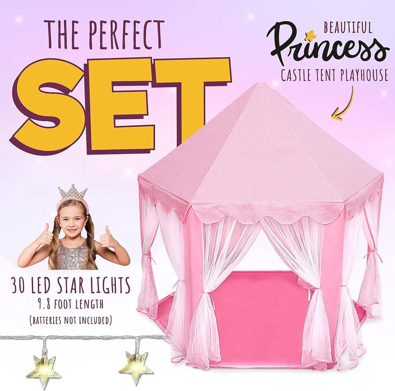 LED Star Lights Princess Castle Playhouse Tent for Girls - Indoor & Outdoor Large Kids Play Tent for Imaginative Games - Pink