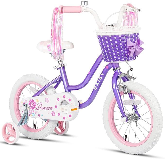 Glerc Daisy 12 14 16 Inch Girl Princess Style Bike for 3-7 Years Old with Training Wheels & Basket & Streamers, Multiple Colors