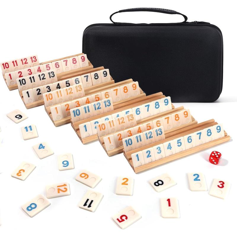 2-6 Players Rummy Cube Board Games Set with 6 Wooden Racks, 160 Tiles, Portable Case and , for Family Friends Games Night Gifts Travel Party Games Sharpens Brain Game