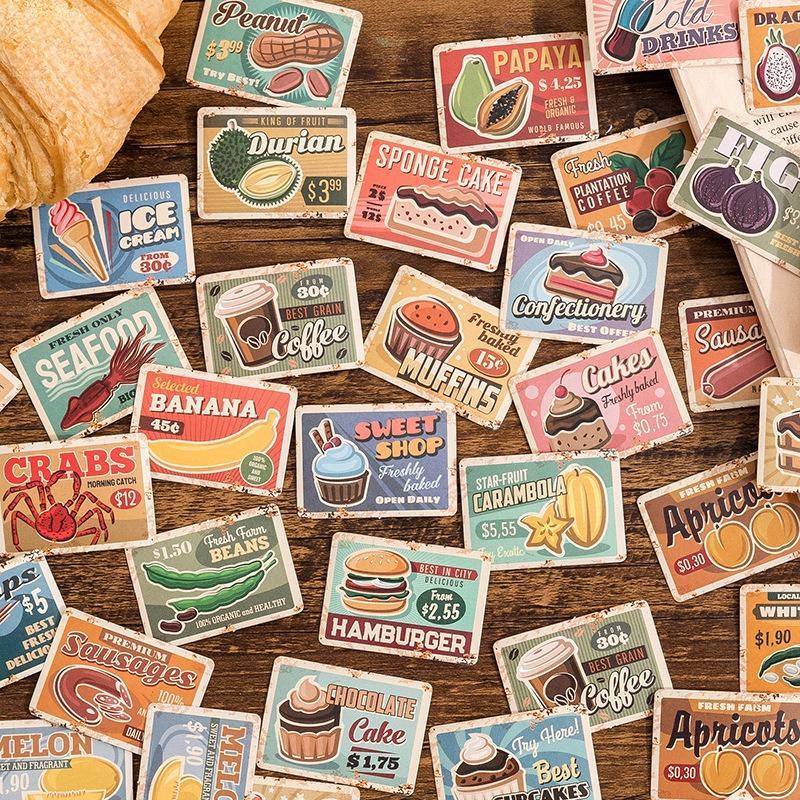 Vintage Food Pattern Sticker, 45pcs box Retro Department Store Label Series Daily Food Handmade Decoration Material Paste, DIY Decorative Sticker