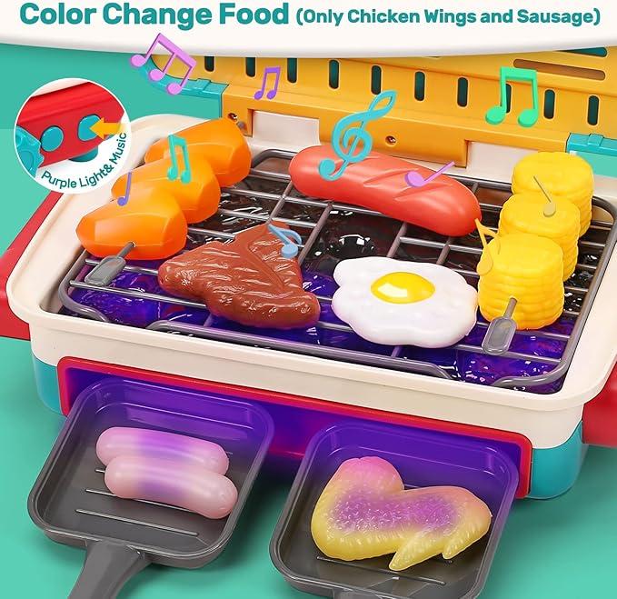 HOLYFUM BBQ Cooking Kitchen Set,BBQ Grill Toy Set,Color Changing Prentend Play,Little Chef Play,a Christmas present for a child