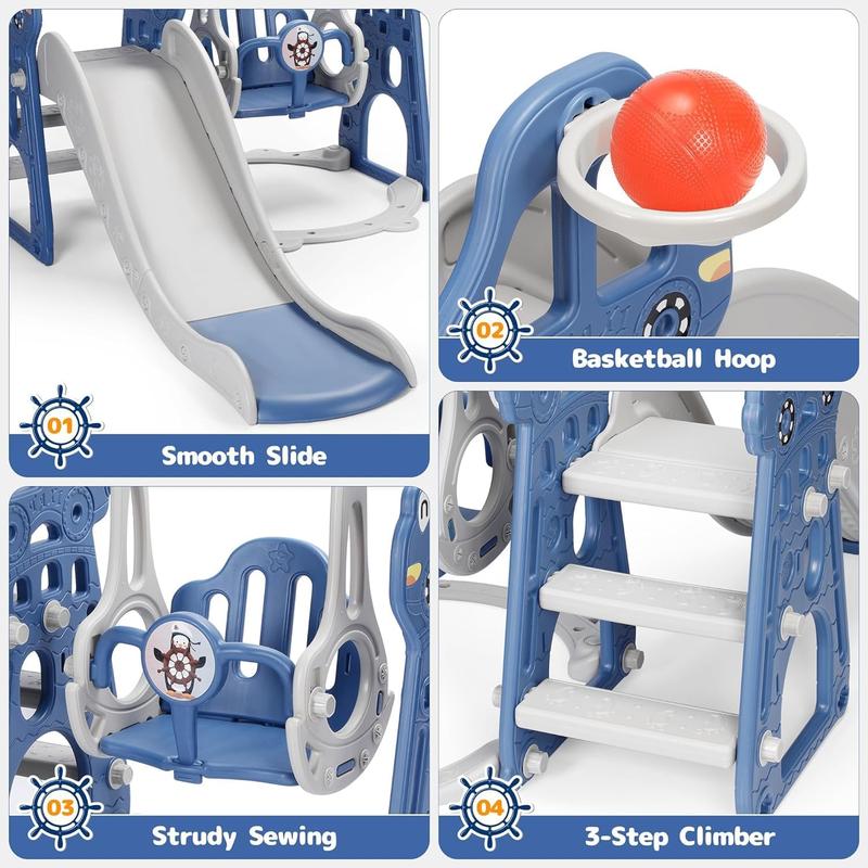 Rengue 4 in 1 Toddler Swing and Slide Set for Age 1-6 Indoor Playground for Children Baby Swing Set with Slide, Climber, Basketball Hoop and Long Slide for Boys and Girls Blue Toddler Indoor