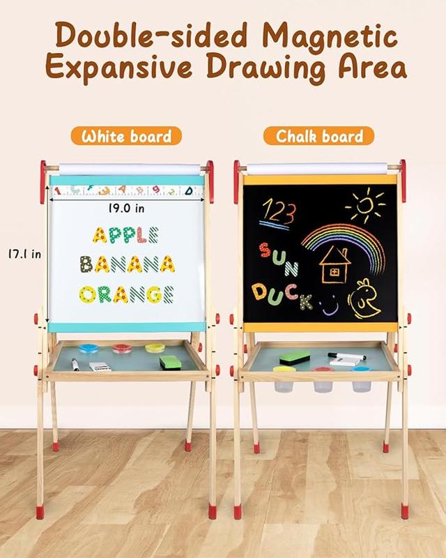 aiwo Art Easel for Kids Ages 3-12, Wooden Magnetic Chalkboard &Whiteboard,Height Adjustable Toddler Painting Easel, Gift and Art Supplies for Toddlers