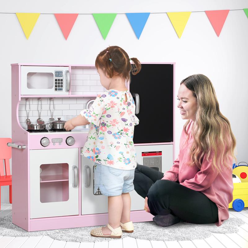 Qaba Kids Play Kitchen Set Pretend Wooden Cooking Toy Set with Drinking Fountain, Microwave, Fridge and Accessories for Age 3 Years