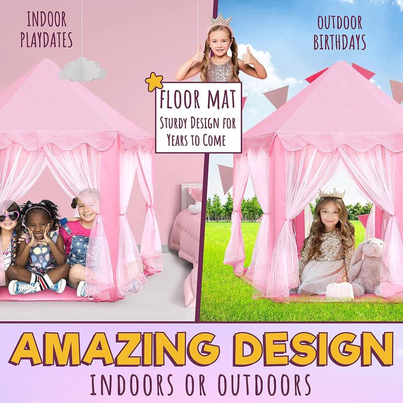 LED Star Lights Princess Castle Playhouse Tent for Girls - Indoor & Outdoor Large Kids Play Tent for Imaginative Games - Pink