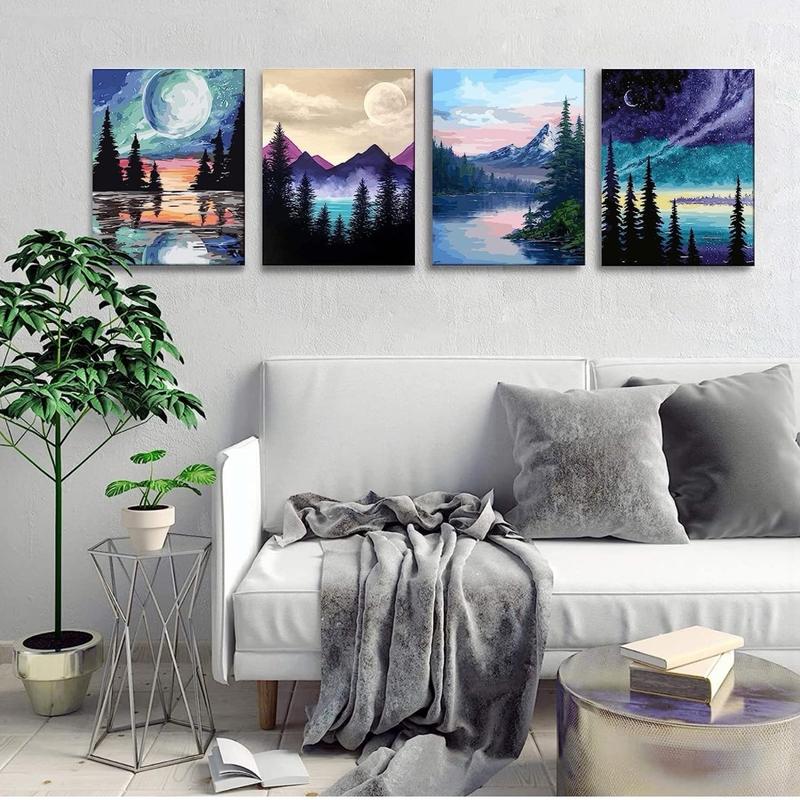 4 Pack Paint by Number for Adults Framed Canvas, DIY Arts and Crafts for Adults Beginner with Wooden Easel, Paint Brushes, Acrylic Paint Set for Home Wall Decor, 9 * 12 Inch