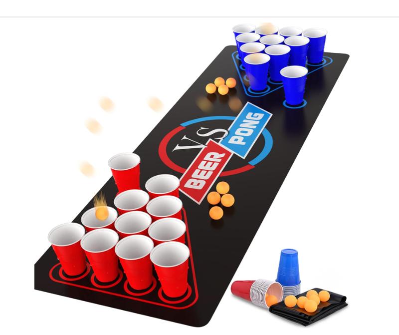 63 x 23.6 inches Pong Table Mat, Drinking Games for Adults Party, 8pcs Beer Pong Balls, 30pcs Beer Pong Cups