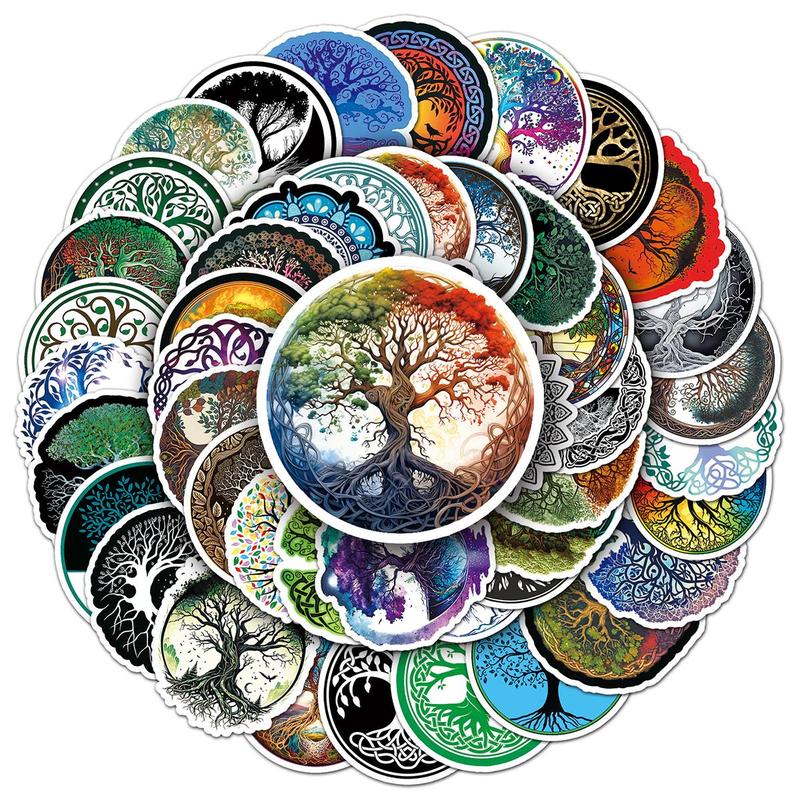 50pcs Tree Of Life Pattern Sticker, Waterproof Scrapbooking & Journal Making Material Sticker, DIY Decorative Sticker For Stationery Computer Water Bottle Phone, Christmas Gift