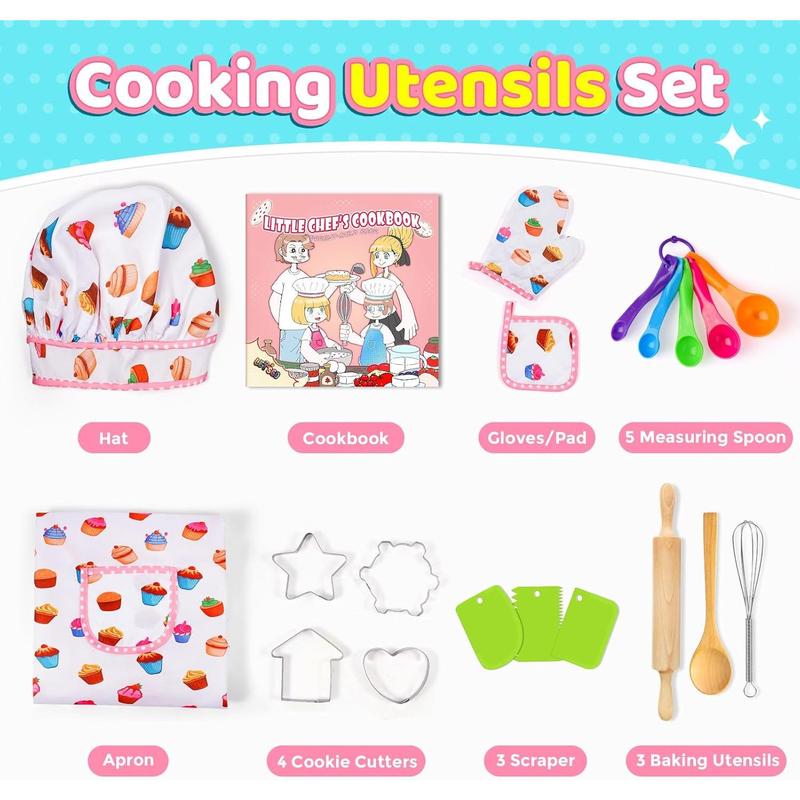 Birthday Gifts for 3-8 Year Old Girls Cute Stuff Apron for Girls Kids Cooking Sets Toys Kids Chef Hat and Apron Easter Christmas Stocking Stuffers White-with Cookbook