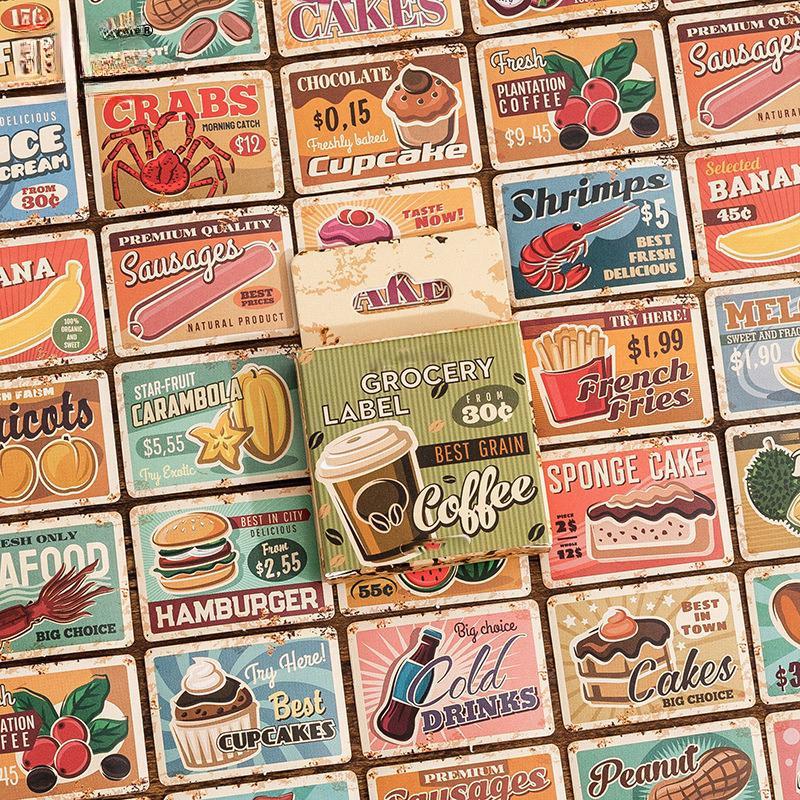 Vintage Food Pattern Sticker, 45pcs box Retro Department Store Label Series Daily Food Handmade Decoration Material Paste, DIY Decorative Sticker