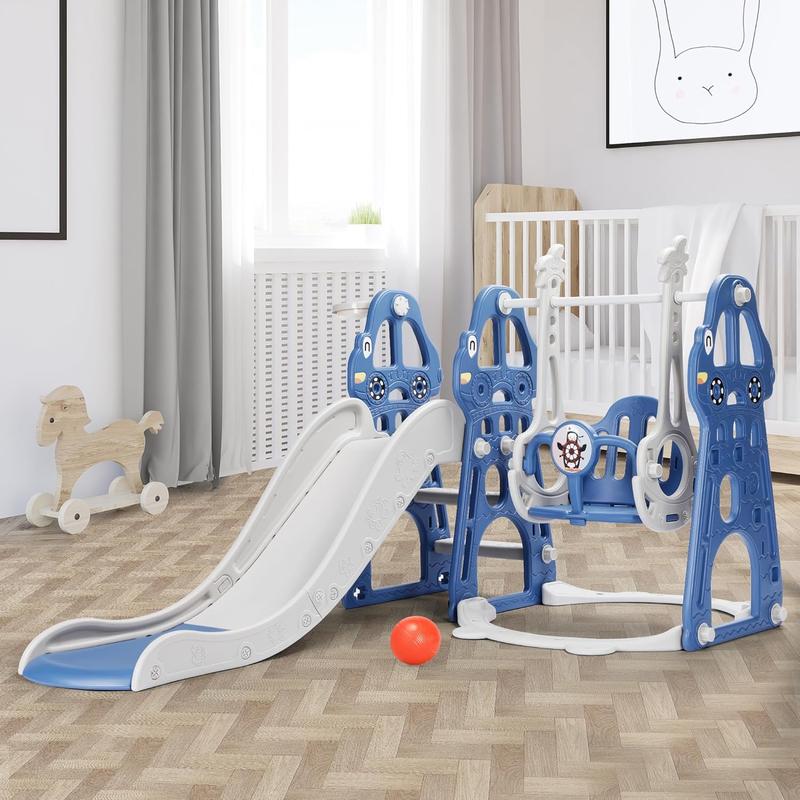 Rengue 4 in 1 Toddler Swing and Slide Set for Age 1-6 Indoor Playground for Children Baby Swing Set with Slide, Climber, Basketball Hoop and Long Slide for Boys and Girls Blue Toddler Indoor