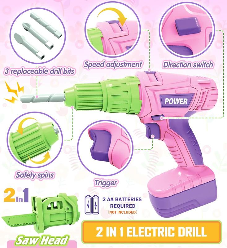 Kids Tool Set with Electric Toy Drill & Pink Tool Box – Power Construction Pretend Play Kit for Girls & Boys Ages 3+