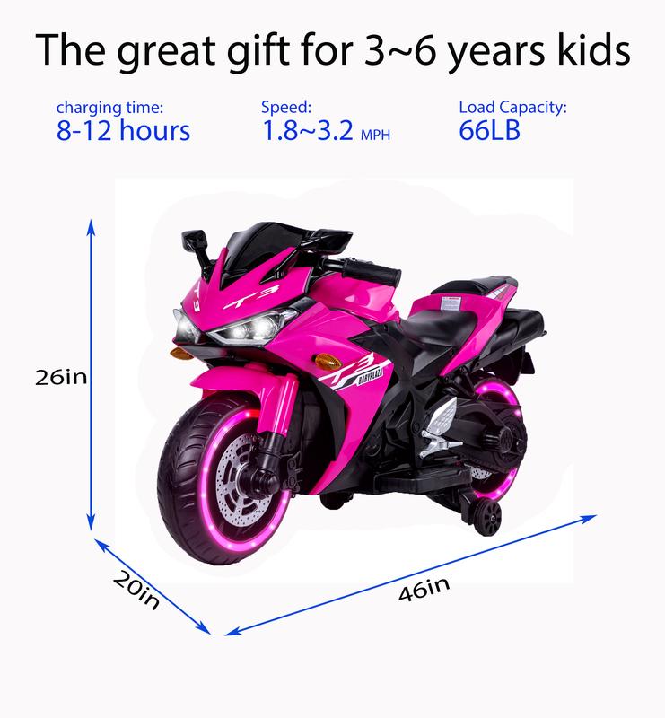 Pink Red Purple White Orange Blue 12V Kids motor-cycle Ride On Toy with Training Wheels, Manual Throttle & Lighting Wheels for Boys & Girls Aged 3-6,Birthday Christmas Gift for Child