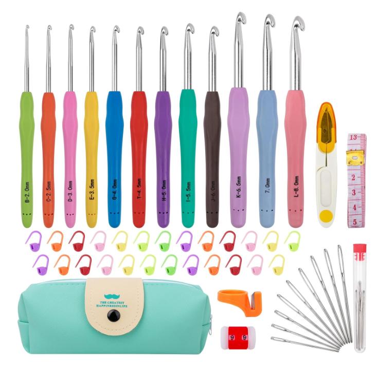 MECHEER Crochet Hooks 12 Sizes Crochet Hook Set, 51 Pack Yarn Crochet Kit for Beginners, Knitting Needles with Ergonomic Handles for Arthritic Hands, Crochet Needle Kit with Blue Case for Crocheters